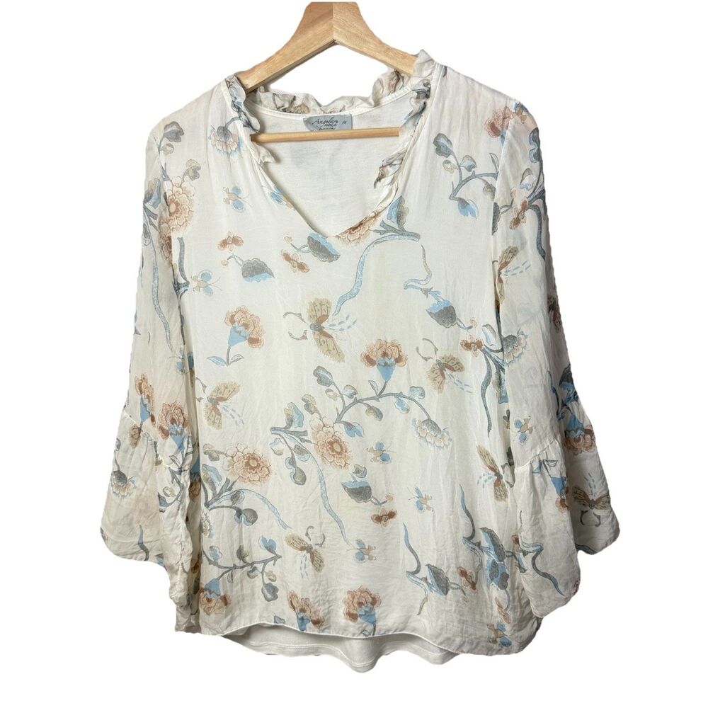 Angela Moda Silk Blouse Womens Medium Cream Ruffle Sheer Cottage Feminine Whimsy